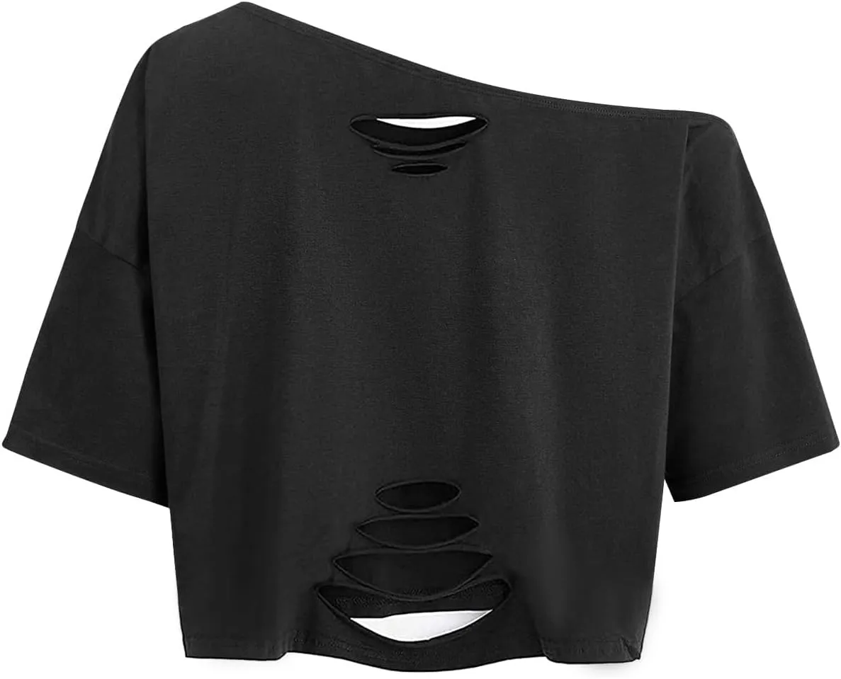 Remidoo Women's Off The Shoulder Graphic Crop Top Tee Half Sleeve Loose Fit T Shirt
