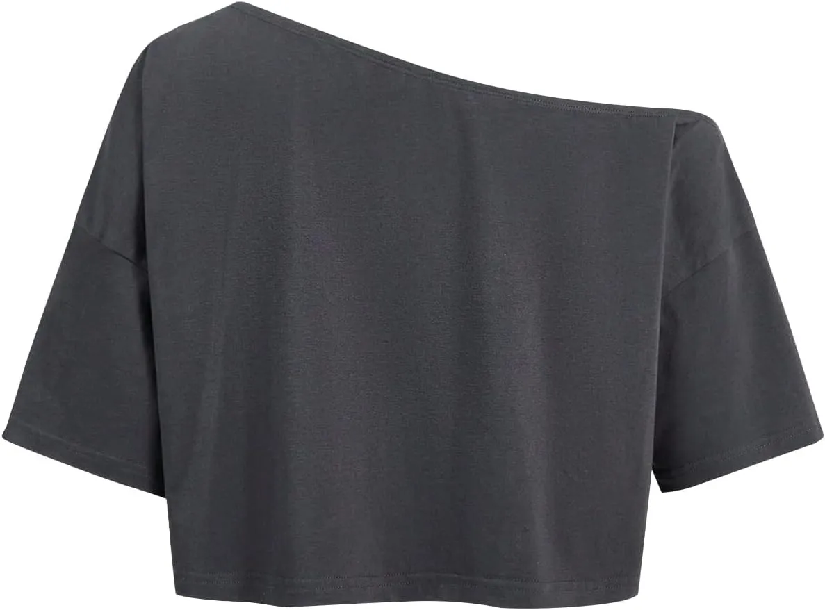 Remidoo Women's Off The Shoulder Graphic Crop Top Tee Half Sleeve Loose Fit T Shirt