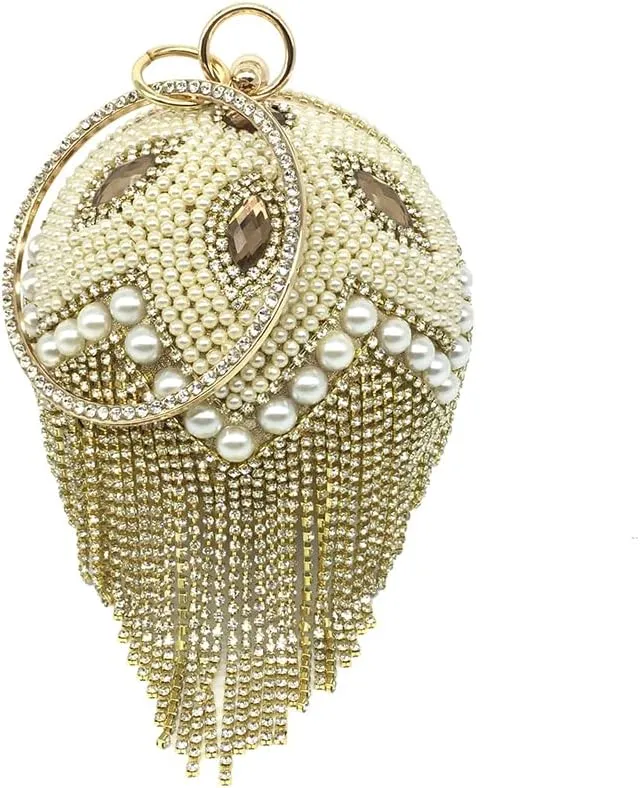 Rhinestone Pearls Ball Shaped Clutch Purse Crystal Tassel Round Shape Evening Bag Bling Elegant Wedding Party Handbag