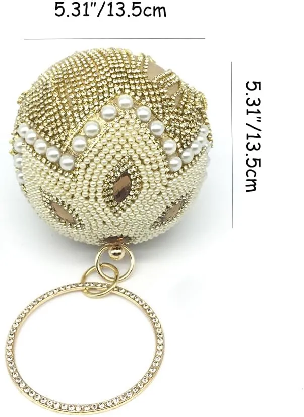 Rhinestone Pearls Ball Shaped Clutch Purse Crystal Tassel Round Shape Evening Bag Bling Elegant Wedding Party Handbag