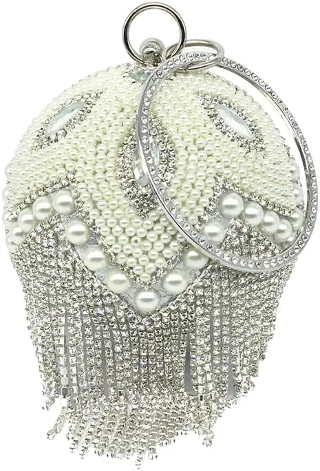 Rhinestone Pearls Ball Shaped Clutch Purse Crystal Tassel Round Shape Evening Bag Bling Elegant Wedding Party Handbag