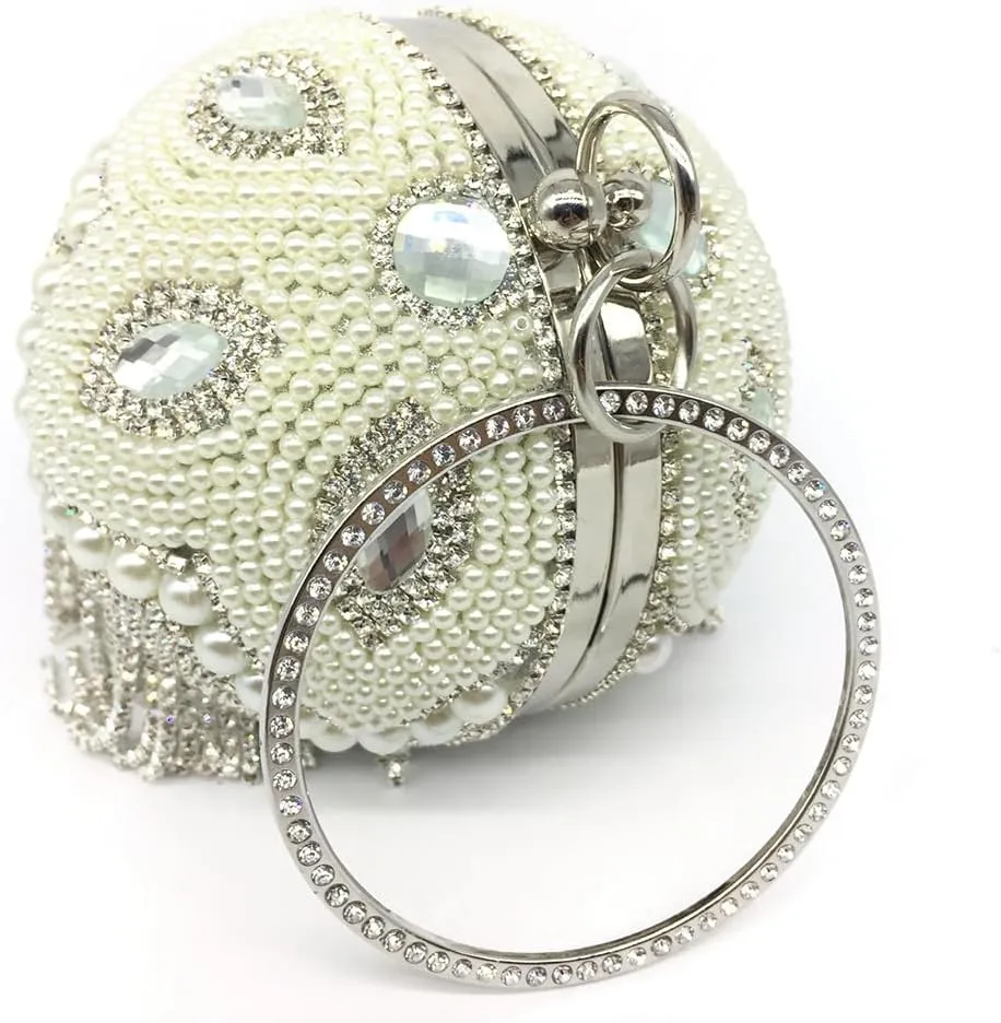 Rhinestone Pearls Ball Shaped Clutch Purse Crystal Tassel Round Shape Evening Bag Bling Elegant Wedding Party Handbag