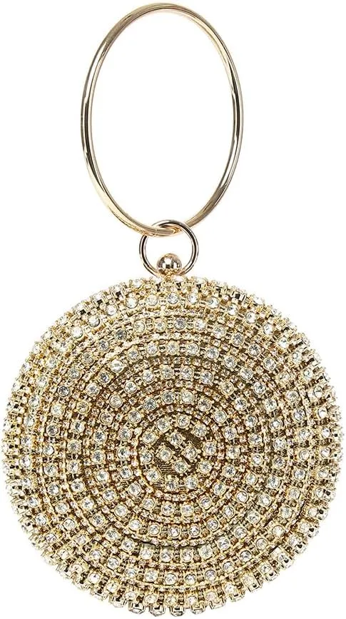 Rhinestone Round Shape Clutch Purse with Ring Handle Fashion Crystal Wristlet Evening Bag Bling Wedding Party Handbag