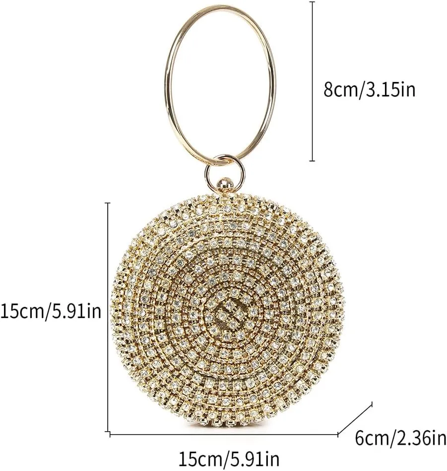 Rhinestone Round Shape Clutch Purse with Ring Handle Fashion Crystal Wristlet Evening Bag Bling Wedding Party Handbag
