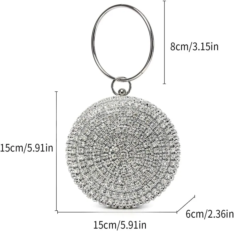 Rhinestone Round Shape Clutch Purse with Ring Handle Fashion Crystal Wristlet Evening Bag Bling Wedding Party Handbag