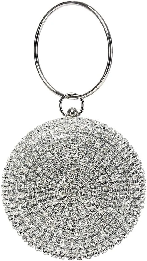 Rhinestone Round Shape Clutch Purse with Ring Handle Fashion Crystal Wristlet Evening Bag Bling Wedding Party Handbag