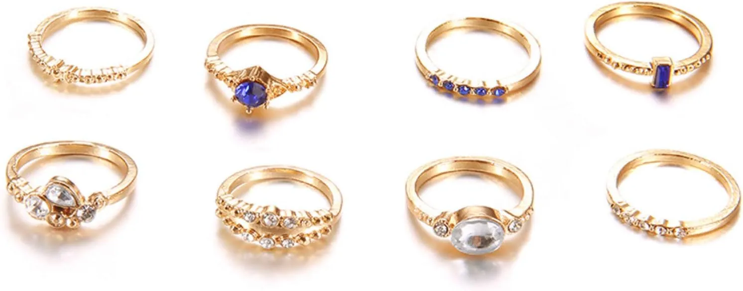 Rings, 8Pcs Women Fashion Rhinestone Inlaid Slim Midi Stacking Above Knuckle Set - Golden