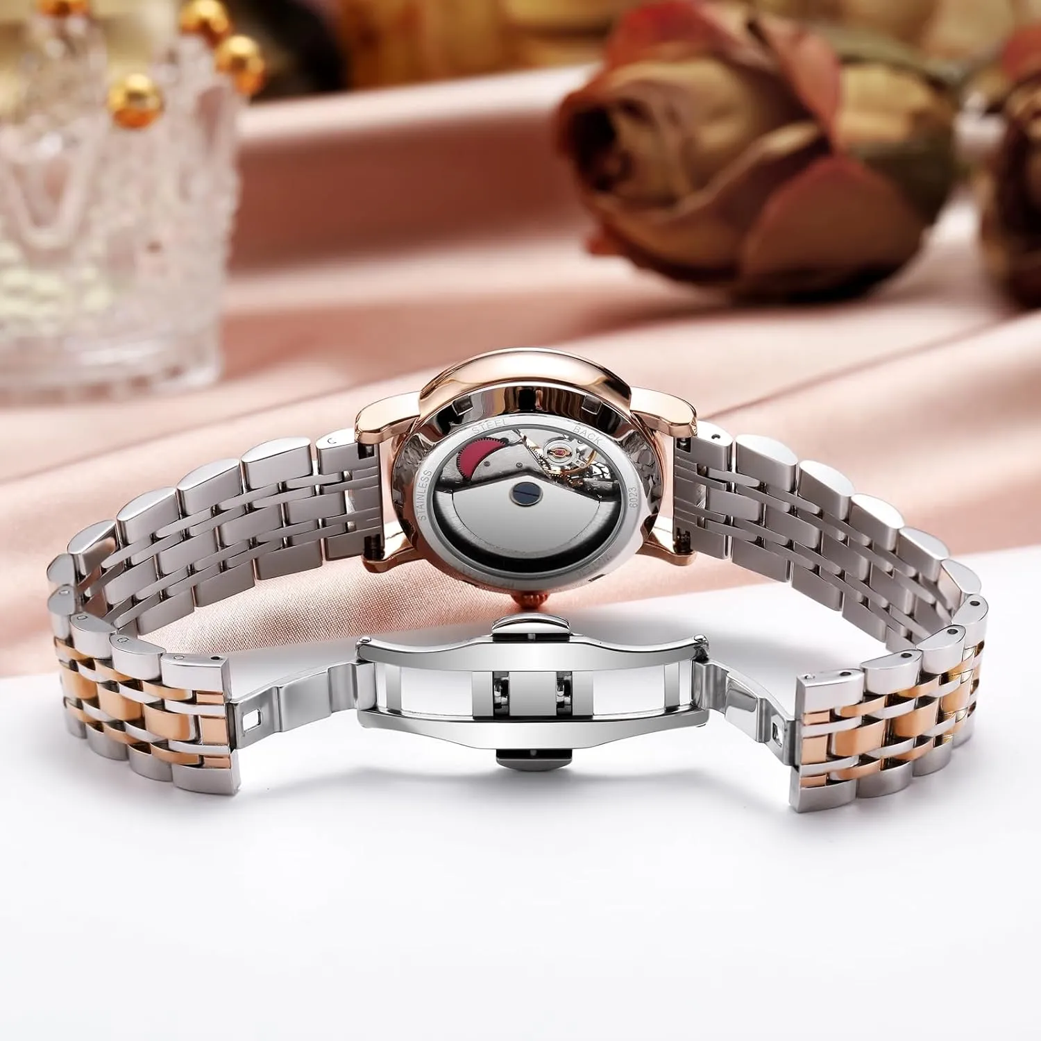Rotatable Flowers Female Watch Stainless Steel Mechanical Wristwatch Women's Fashion Trend Sun Moon Stars Multi-Functional Watches