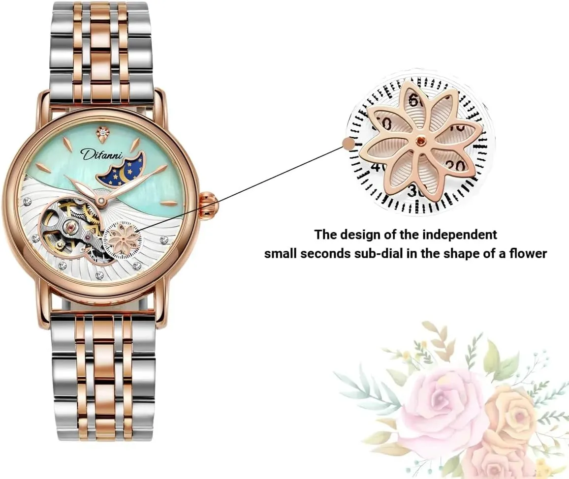 Rotatable Flowers Female Watch Stainless Steel Mechanical Wristwatch Women's Fashion Trend Sun Moon Stars Multi-Functional Watches
