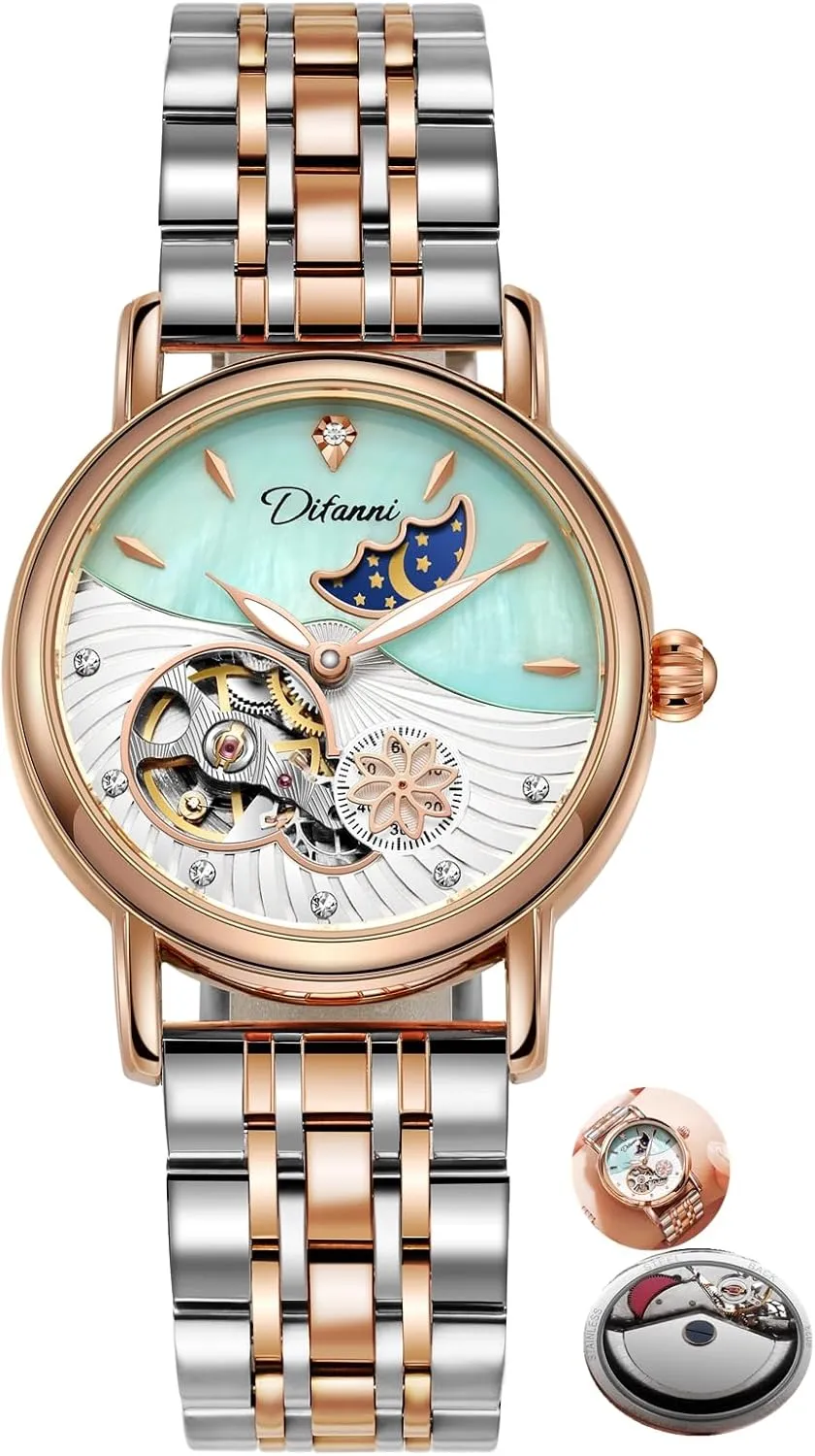 Rotatable Flowers Female Watch Stainless Steel Mechanical Wristwatch Women's Fashion Trend Sun Moon Stars Multi-Functional Watches