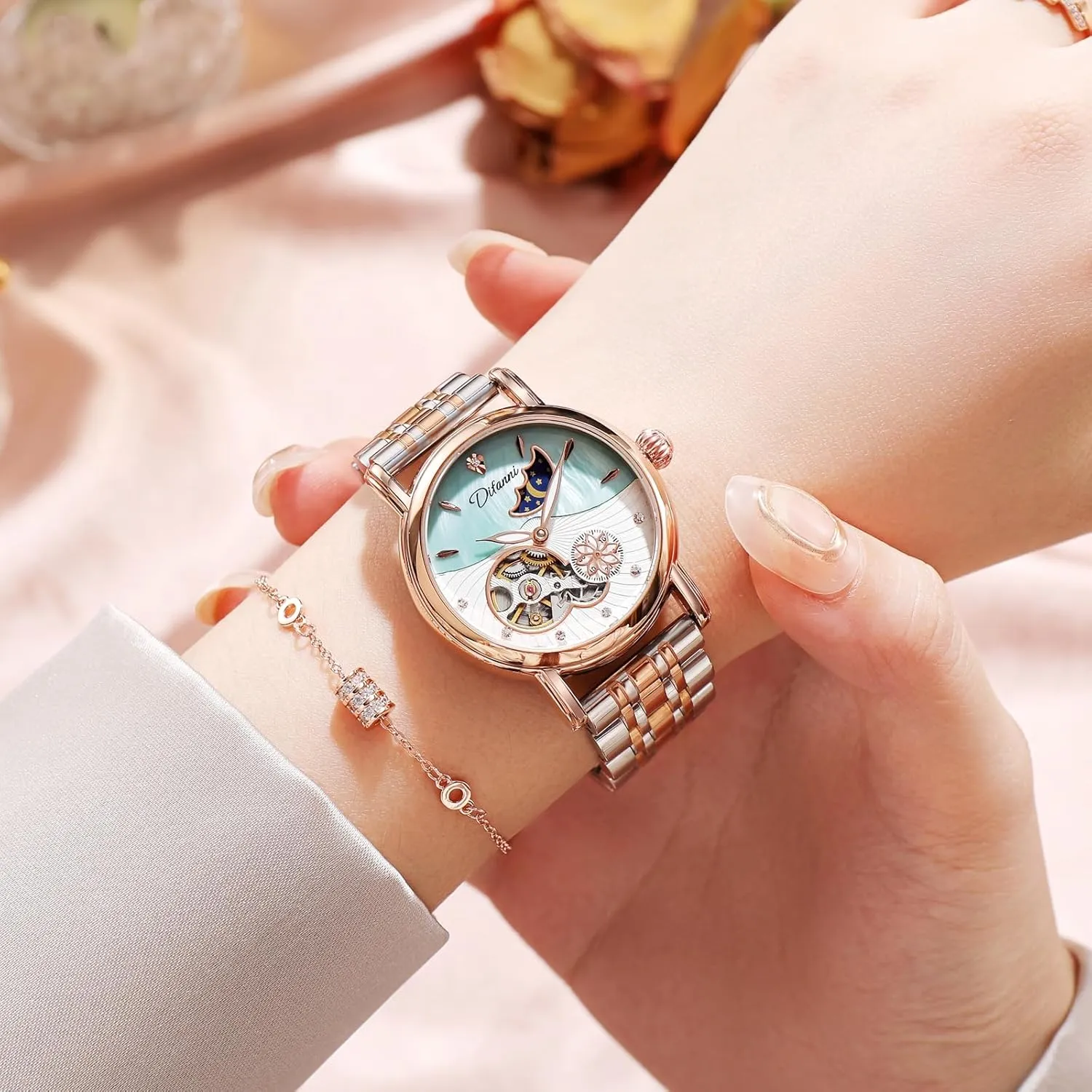 Rotatable Flowers Female Watch Stainless Steel Mechanical Wristwatch Women's Fashion Trend Sun Moon Stars Multi-Functional Watches