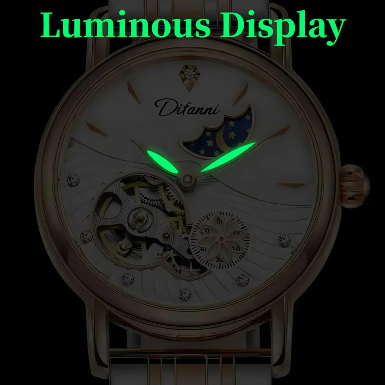 Rotatable Flowers Female Watch Stainless Steel Mechanical Wristwatch Women's Fashion Trend Sun Moon Stars Multi-Functional Watches