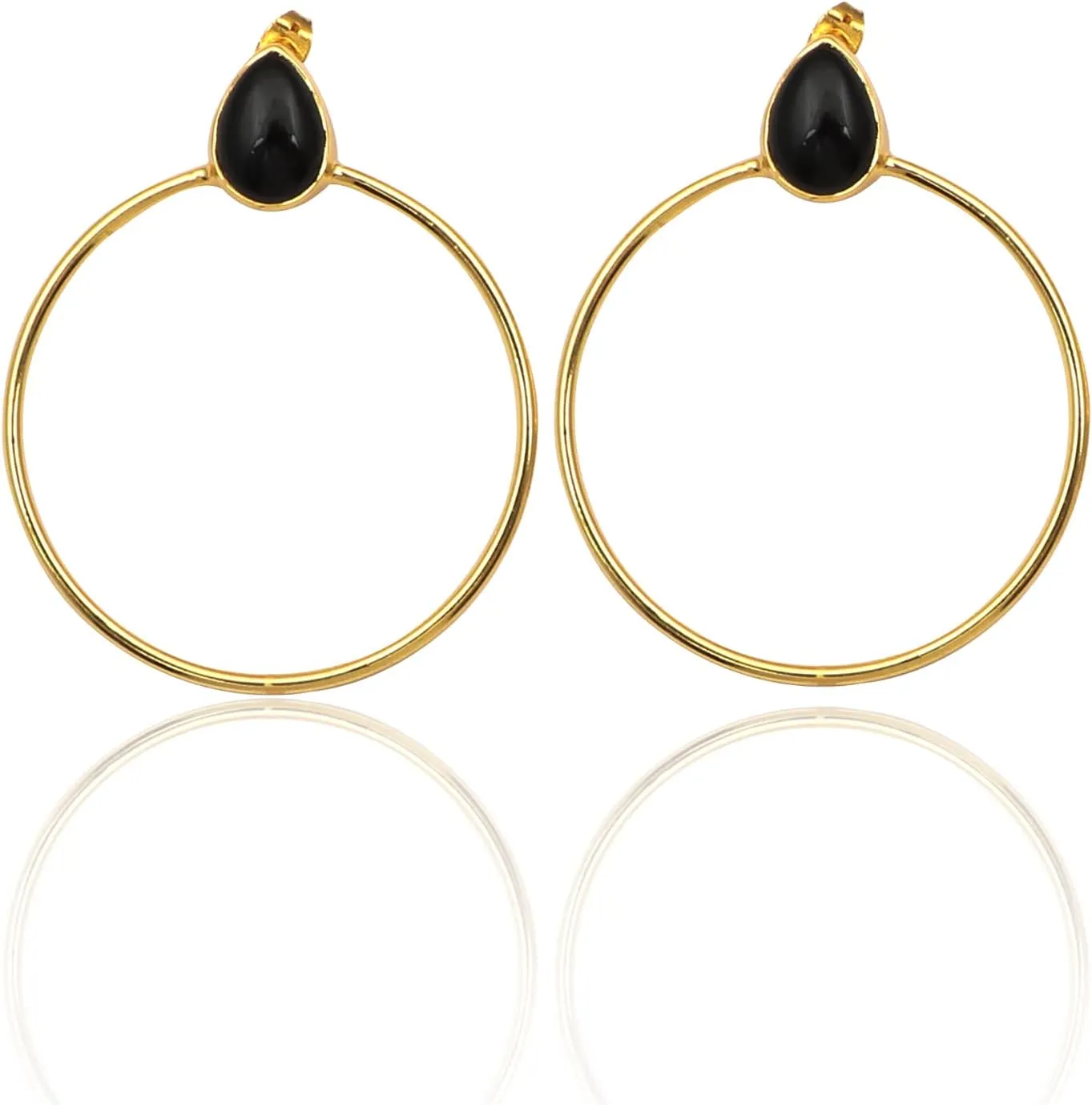 Round Circle Handmade Hoop Earring | Black Onyx Gemstone Stud Earring | Pear Shape Gold Plated Hoop Stud Earring Pairs | Gift For Her Jewelry | 1822)4