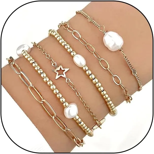 Rrdaily Boho Layered Gold Cuff Bracelet Set for Woman Chunky Stackable Pearl Paperclip Chain Bangles Adjustable Bead Bracelets Jewelry Gift