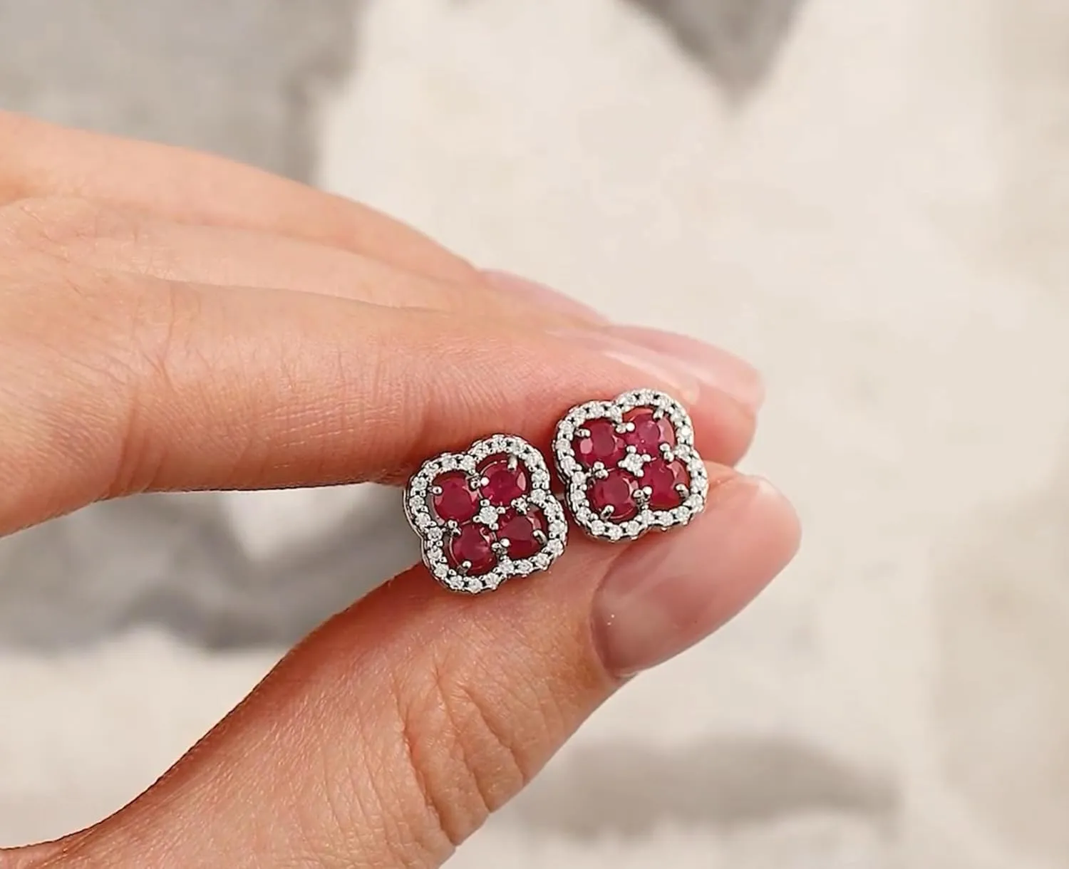 Ruby Flower Stud Earrings,Solid Gold Cluster Diamond (1.54ct) Studs, Pink Stone Earring, Minimalist Jewelry, Gift For Her
