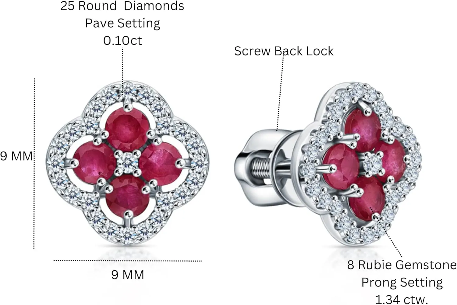Ruby Flower Stud Earrings,Solid Gold Cluster Diamond (1.54ct) Studs, Pink Stone Earring, Minimalist Jewelry, Gift For Her
