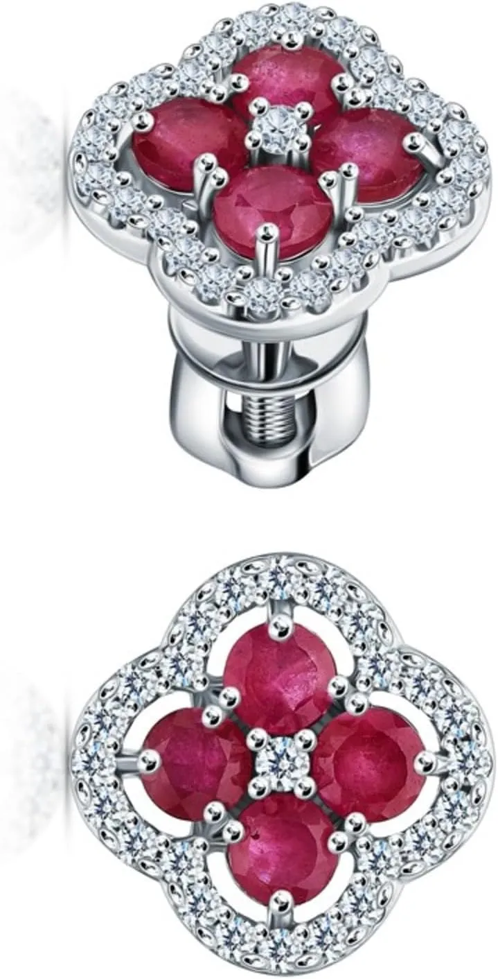 Ruby Flower Stud Earrings,Solid Gold Cluster Diamond (1.54ct) Studs, Pink Stone Earring, Minimalist Jewelry, Gift For Her
