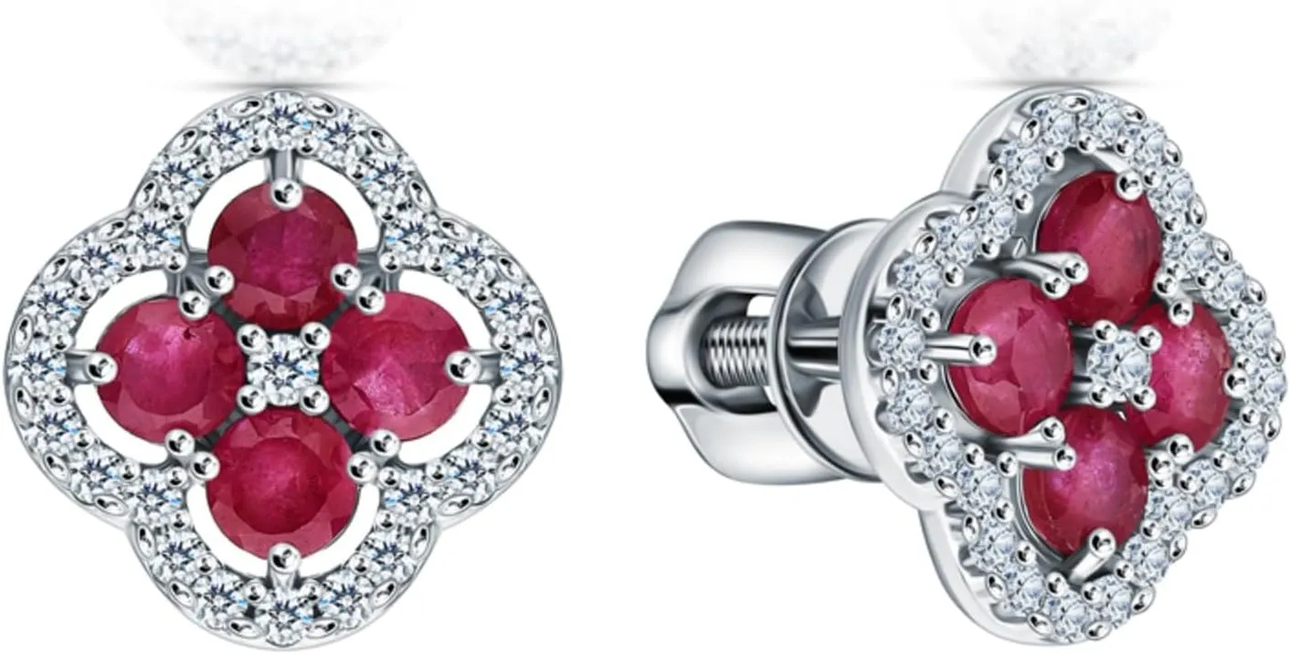 Ruby Flower Stud Earrings,Solid Gold Cluster Diamond (1.54ct) Studs, Pink Stone Earring, Minimalist Jewelry, Gift For Her