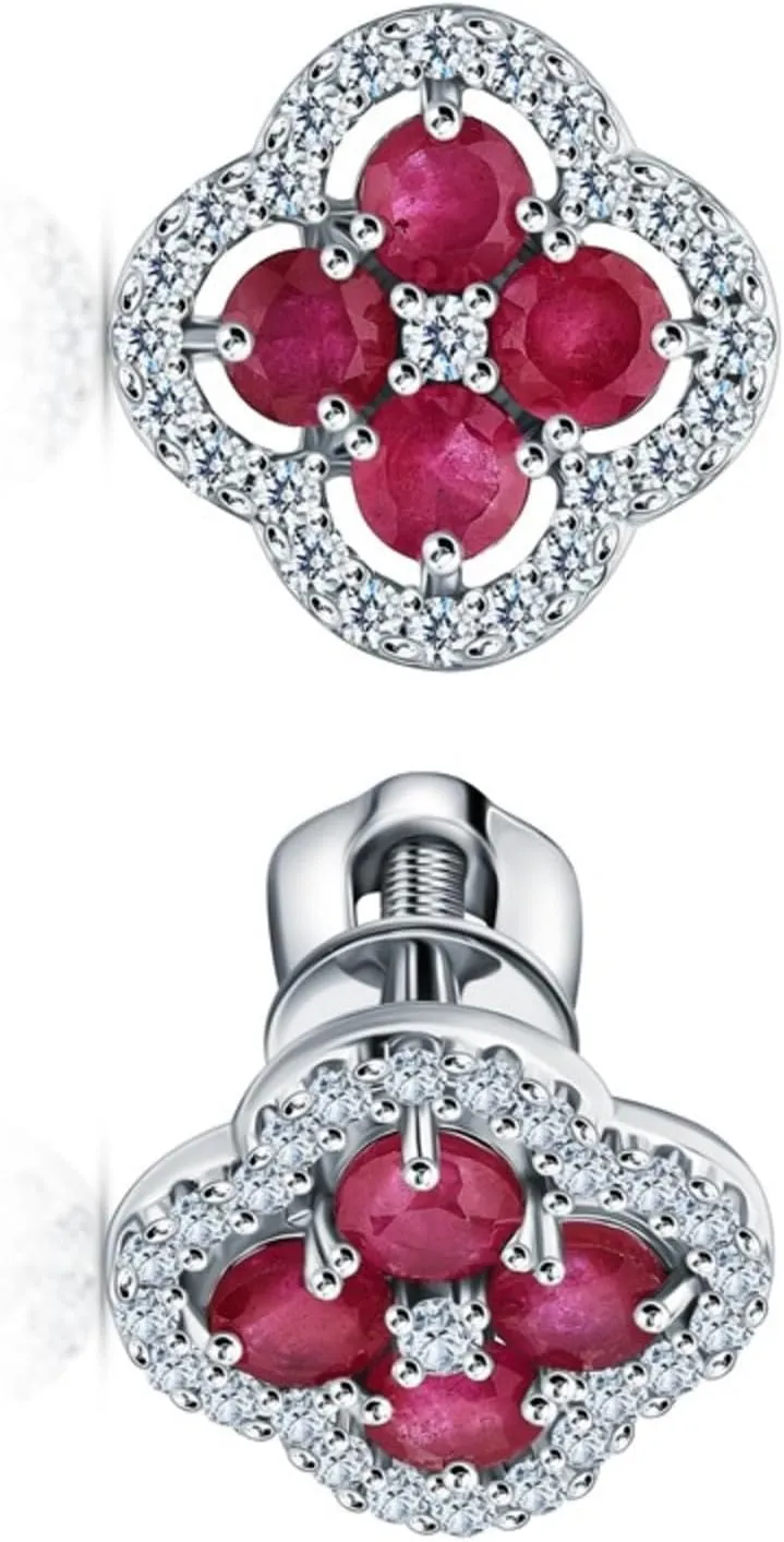 Ruby Flower Stud Earrings,Solid Gold Cluster Diamond (1.54ct) Studs, Pink Stone Earring, Minimalist Jewelry, Gift For Her