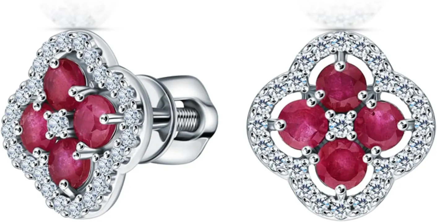 Ruby Flower Stud Earrings,Solid Gold Cluster Diamond (1.54ct) Studs, Pink Stone Earring, Minimalist Jewelry, Gift For Her