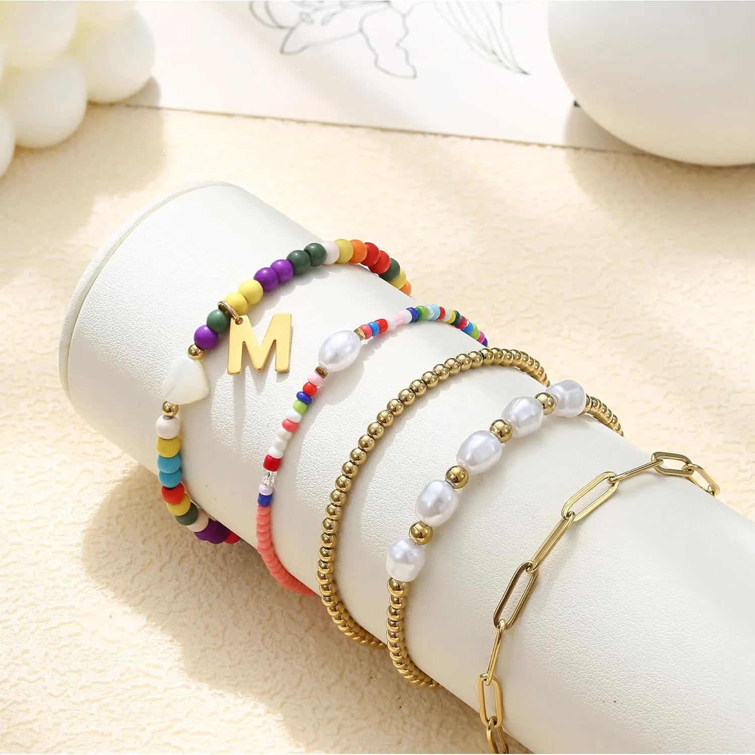 Sanfenly 5 PCS Initial Charm Bracelet for Women Gold Stack Pearl Beaded Bracelets Adjustable Colorful Paperclip Link Letter Waterproof Handmade Bracelet Summer Beach Trendy Jewelry Set (Letter A)