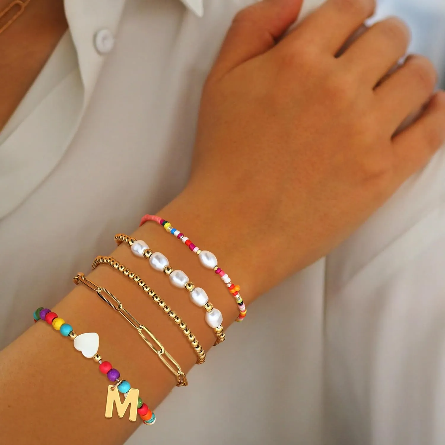 Sanfenly 5 PCS Initial Charm Bracelet for Women Gold Stack Pearl Beaded Bracelets Adjustable Colorful Paperclip Link Letter Waterproof Handmade Bracelet Summer Beach Trendy Jewelry Set (Letter A)