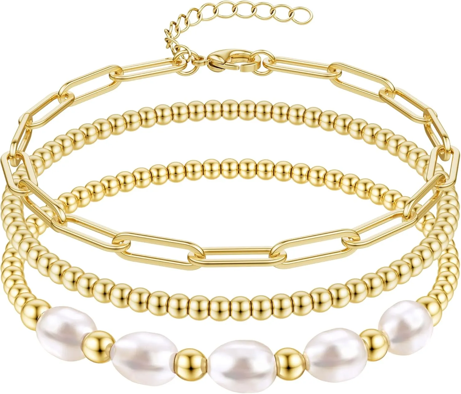 Sanfenly 5 PCS Initial Charm Bracelet for Women Gold Stack Pearl Beaded Bracelets Adjustable Colorful Paperclip Link Letter Waterproof Handmade Bracelet Summer Beach Trendy Jewelry Set (Letter A)