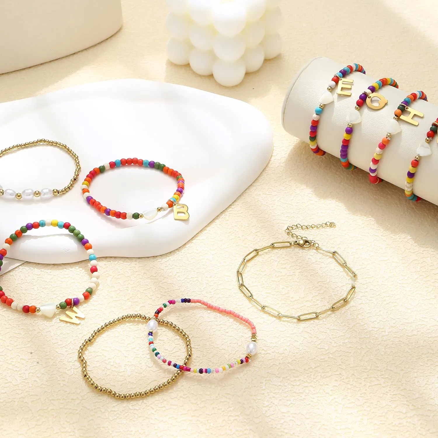 Sanfenly 5 PCS Initial Charm Bracelet for Women Gold Stack Pearl Beaded Bracelets Adjustable Colorful Paperclip Link Letter Waterproof Handmade Bracelet Summer Beach Trendy Jewelry Set (Letter A)