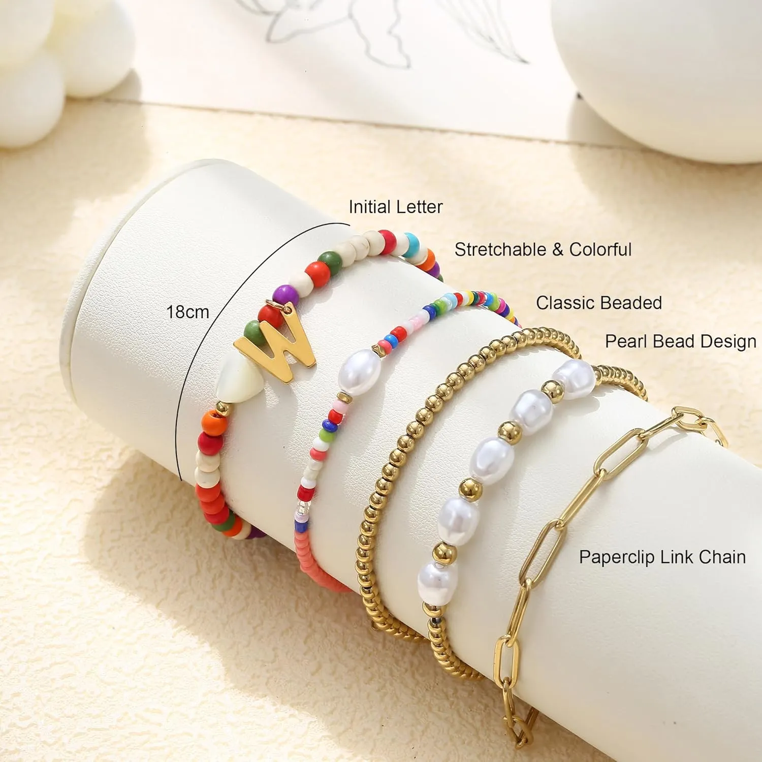 Sanfenly 5 PCS Initial Charm Bracelet for Women Gold Stack Pearl Beaded Bracelets Adjustable Colorful Paperclip Link Letter Waterproof Handmade Bracelet Summer Beach Trendy Jewelry Set (Letter A)