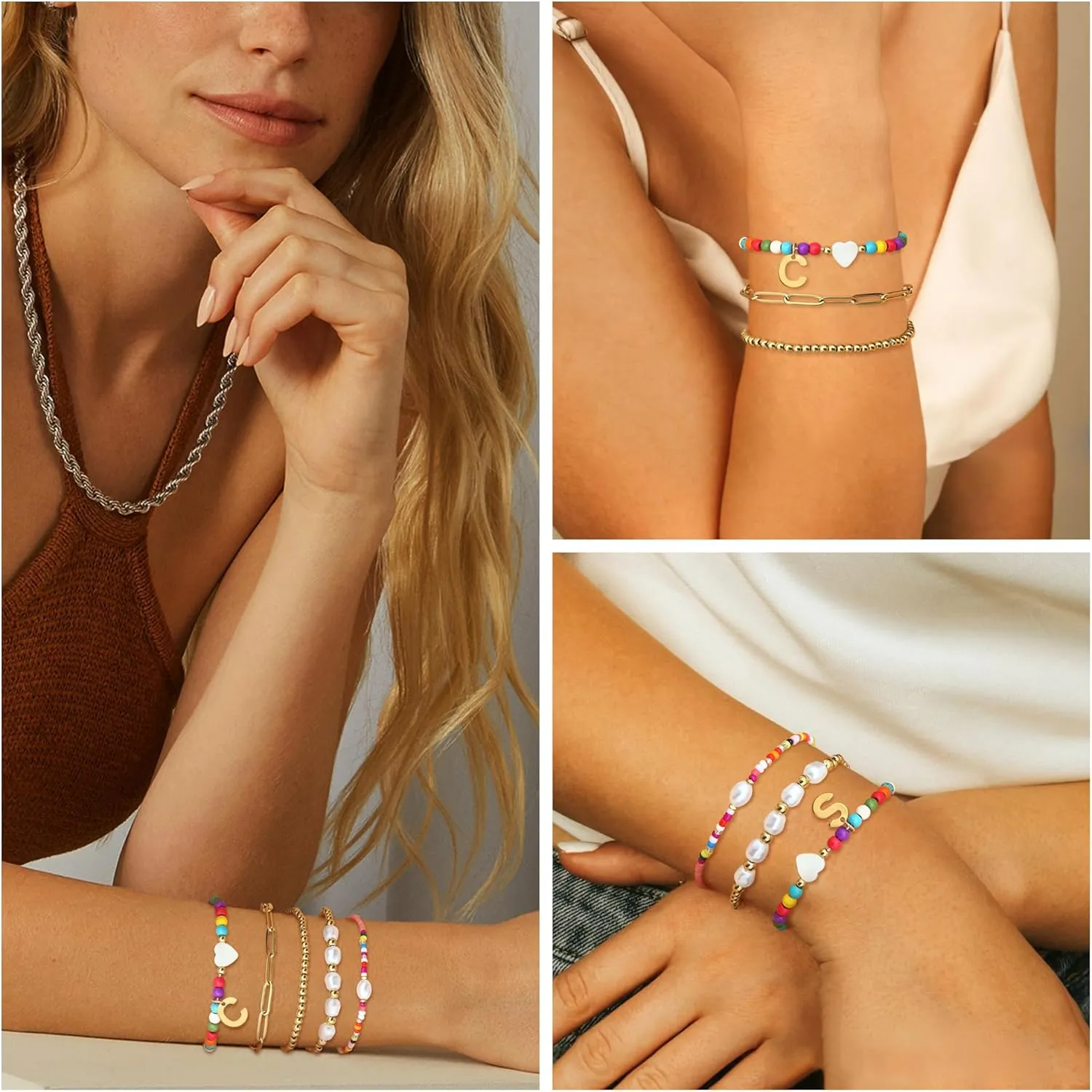 Sanfenly 5 PCS Initial Charm Bracelet for Women Gold Stack Pearl Beaded Bracelets Adjustable Colorful Paperclip Link Letter Waterproof Handmade Bracelet Summer Beach Trendy Jewelry Set (Letter A)