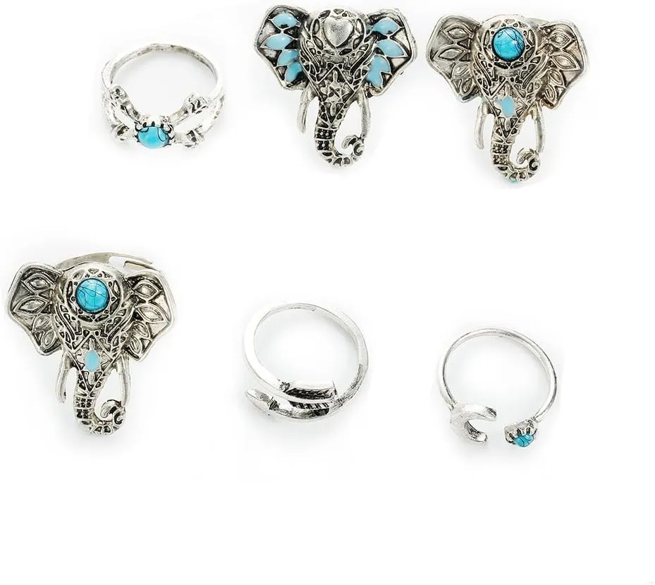 Sexy Sparkles 6 pcs Nonadjustable Women's Band Knuckle Midi Rings Elephant Theme