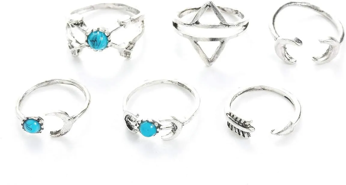 Sexy Sparkles 6PCS Fashion Vintage Turkish Arrow Moon Turquoise Joint Knuckle Nail Midi Ring Set