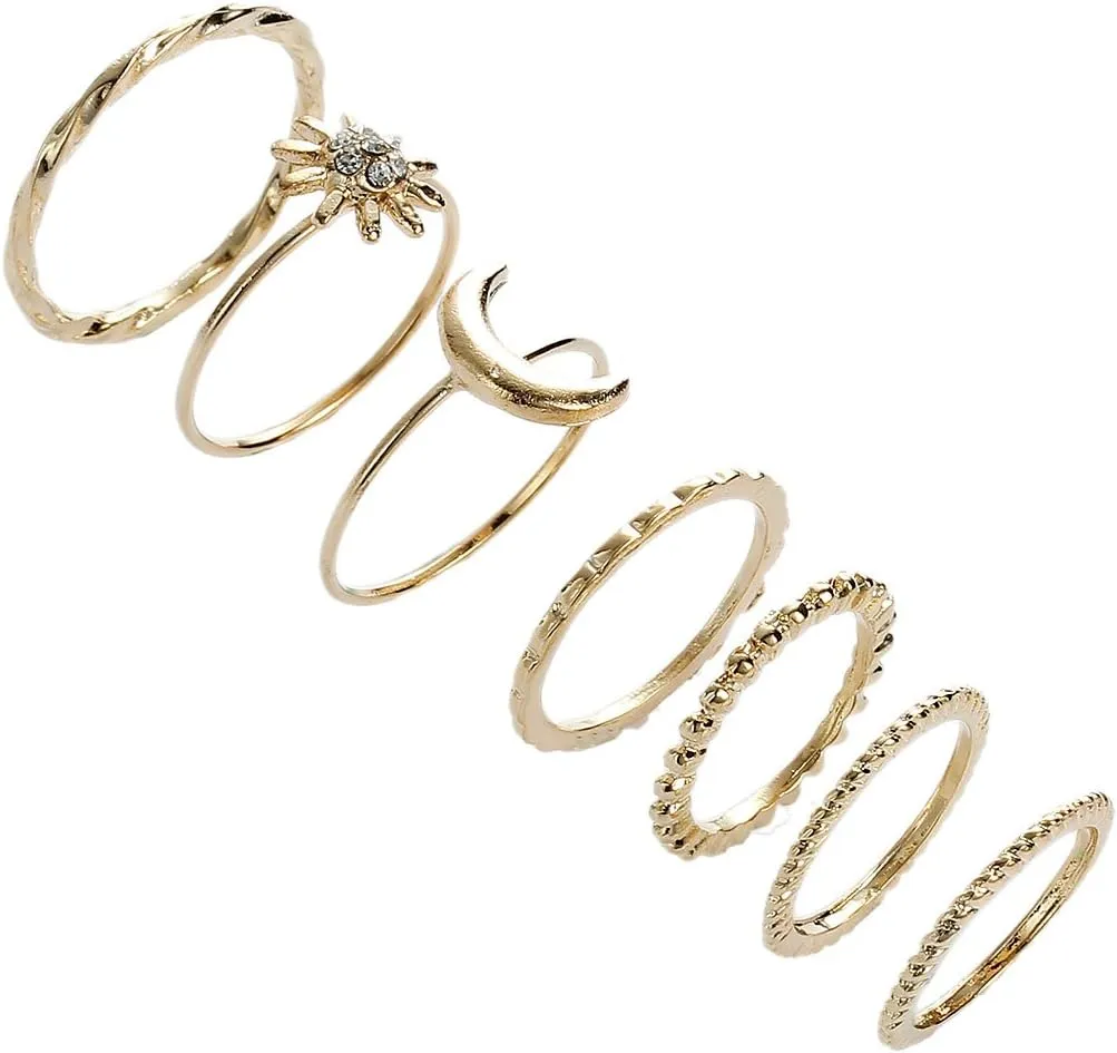 Sexy Sparkles 7PCS Fashion Vintage Moon Flower Joint Knuckle Nail Midi Ring Set