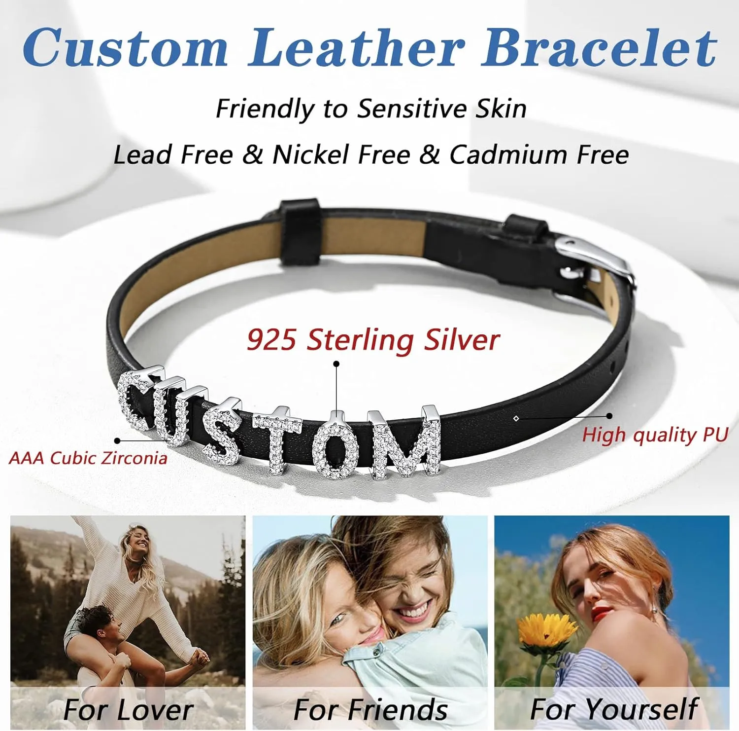 Silvora Custom Leather Bracelet for Women Men, Personalized Cuff Bracelets with Delicate Gift Packaging