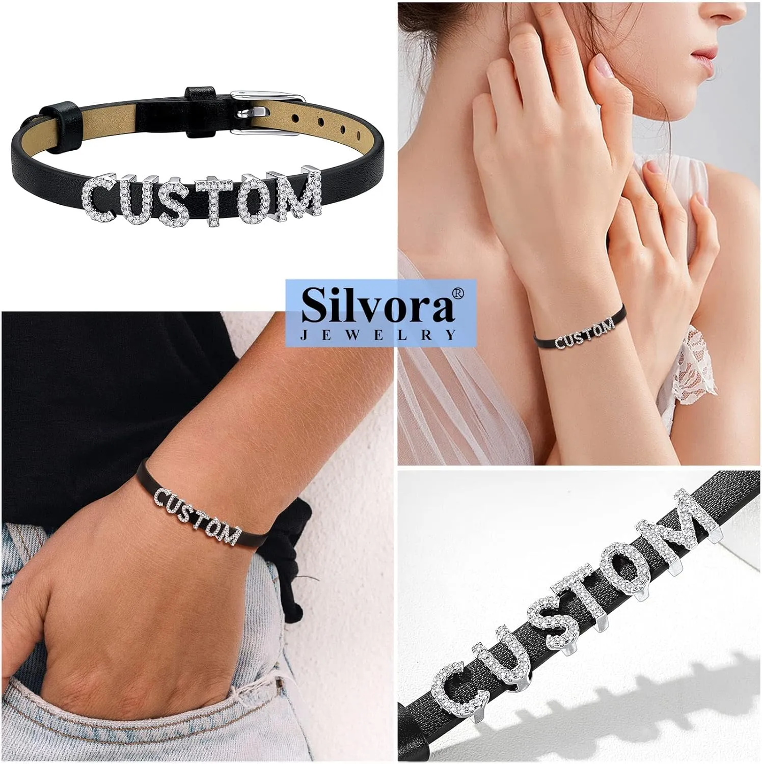 Silvora Custom Leather Bracelet for Women Men, Personalized Cuff Bracelets with Delicate Gift Packaging