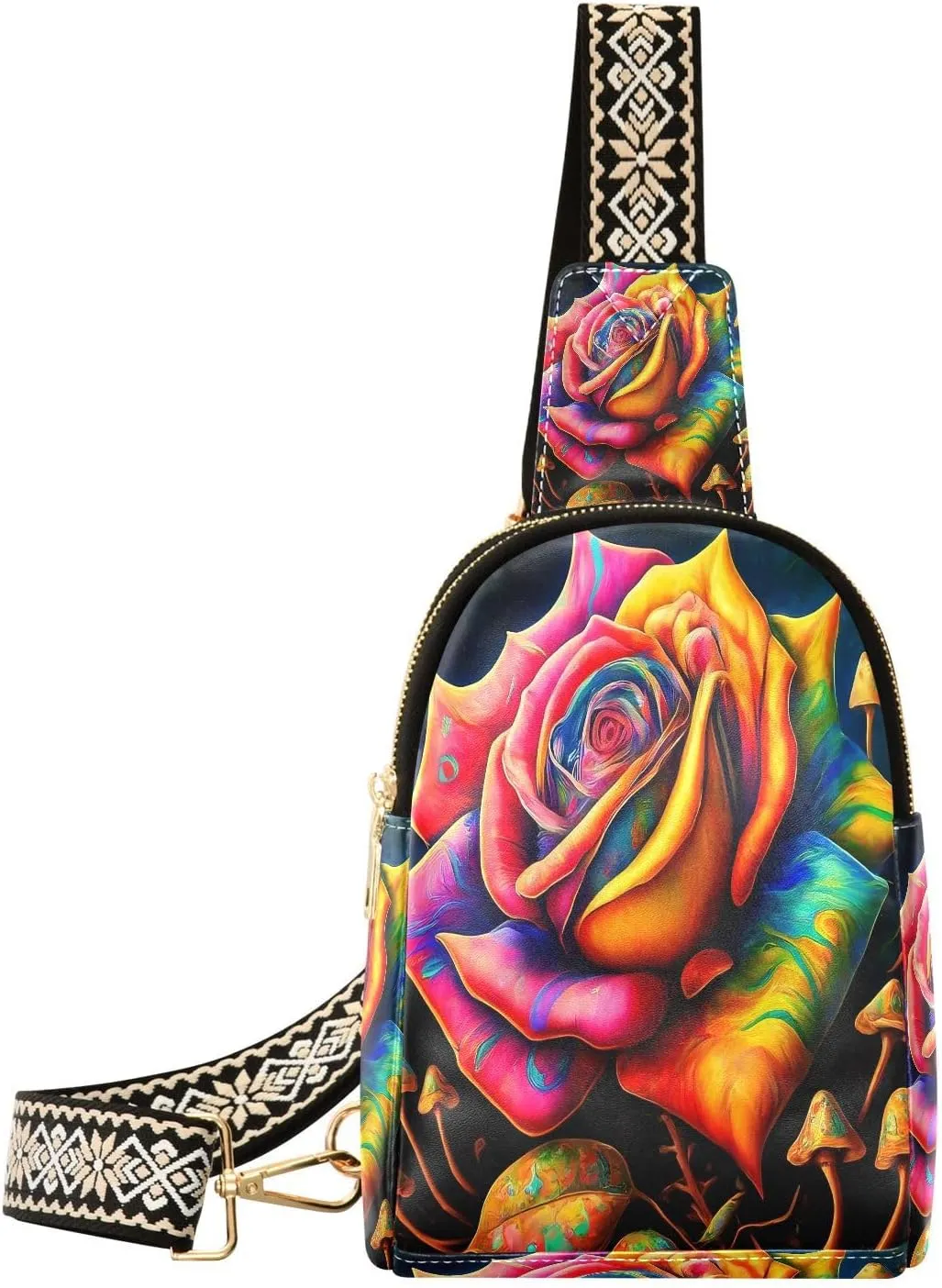 Small Sling Bag Fanny Packs Crossbody Bags for Women Sartistic Valentines Day Rose Leather Fashion Chest Bag Belt Bag for Women for Travel Sports Running Hiking