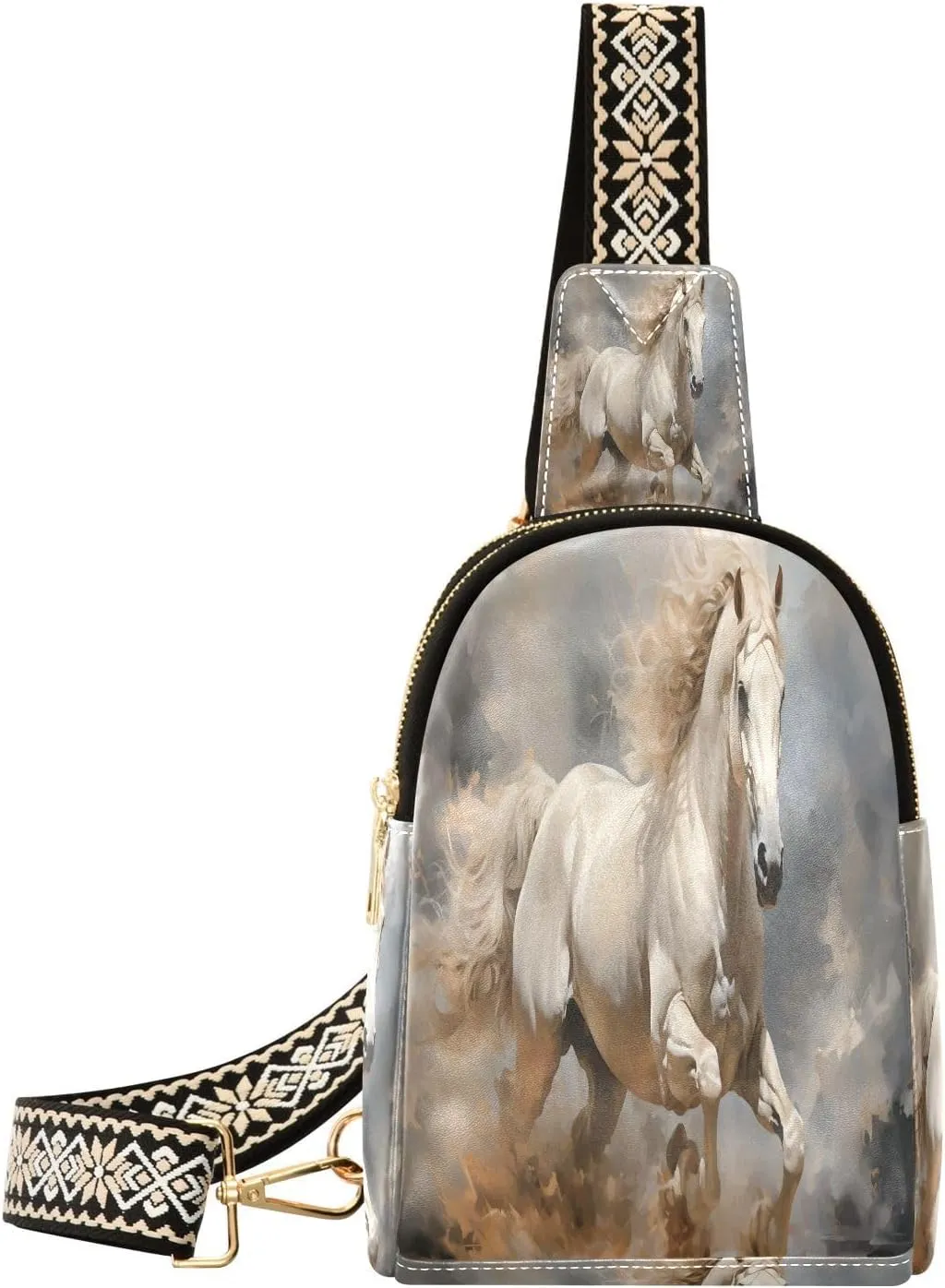 Small Sling Bag Fanny Packs Crossbody Bags for Women White Horse Art Leather Fashion Chest Bag Belt Bag for Women for Travel Sports Running Hiking