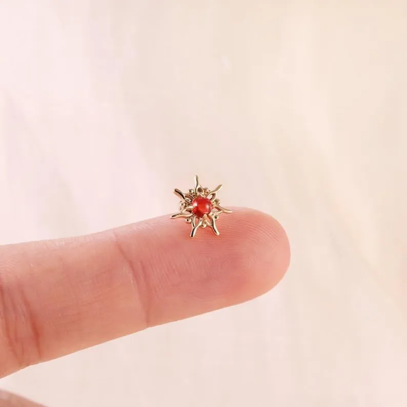 Solid Silver Floral Amethyst Stud Piercing, Flower Shape Garnet Stud Earring, Gemstone Threadless Stud,Flat Back Stud Earring, Tragus Stud (ROSE GOLD PLATING)