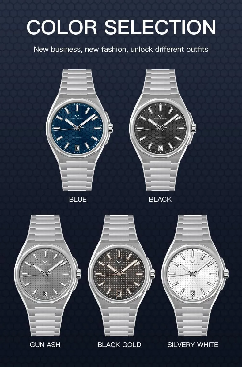 Specht & Shne New 37MM Mens Watches NH35 Mechanical Wrist Watches Honeycomb Dial Stainless Steel Watch Waterproof