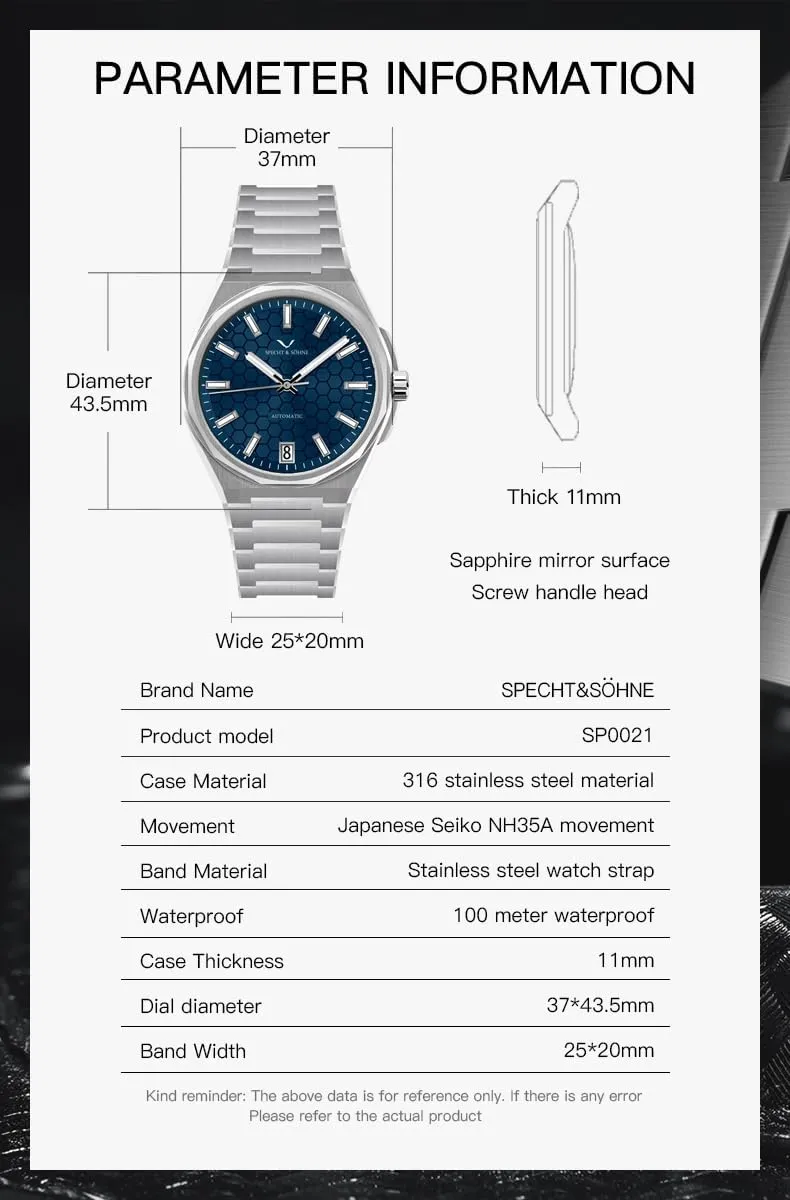 Specht & Shne New 37MM Mens Watches NH35 Mechanical Wrist Watches Honeycomb Dial Stainless Steel Watch Waterproof