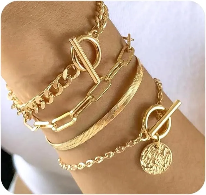 Stackable Snake Bone Chain Paperclip Bracelets Set for Women Gothic Black Coin Cuba Chain Cuff Bangles Double Toggle OT Clasp Bracelets Pack Jewelry