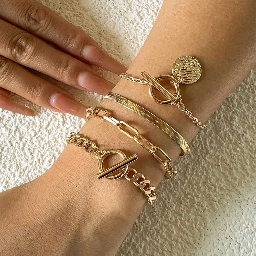 Stackable Snake Bone Chain Paperclip Bracelets Set for Women Gothic Black Coin Cuba Chain Cuff Bangles Double Toggle OT Clasp Bracelets Pack Jewelry