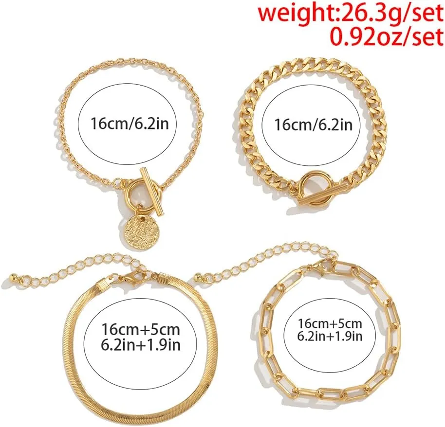 Stackable Snake Bone Chain Paperclip Bracelets Set for Women Gothic Black Coin Cuba Chain Cuff Bangles Double Toggle OT Clasp Bracelets Pack Jewelry