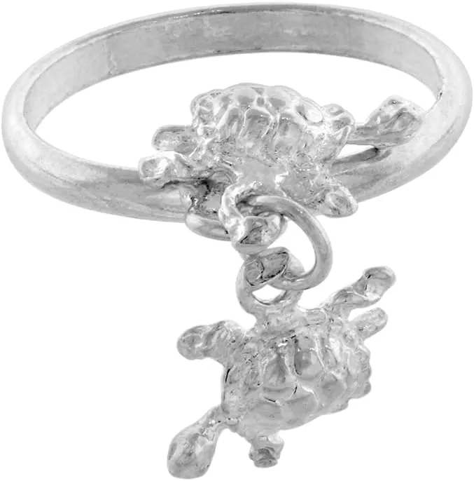 Sterling Silver 2 Turtle Charm Ring Toe Ring for Women 2mm Wide Sizes 3-10.5