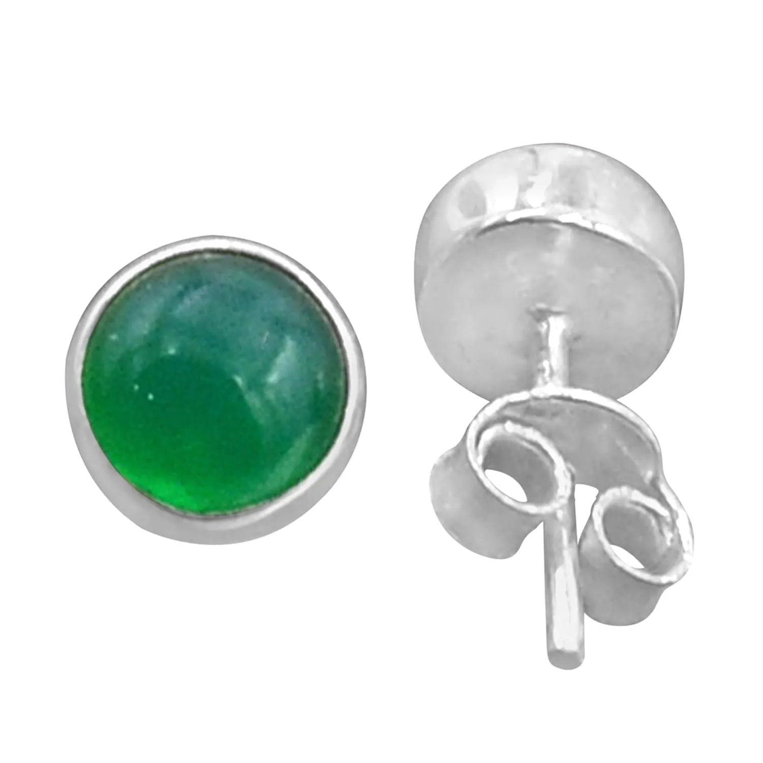Sterling Silver Green Onyx Stud Earrings Bezel Set Round Genuine Onyx Gemstone Stud Minimalist Style