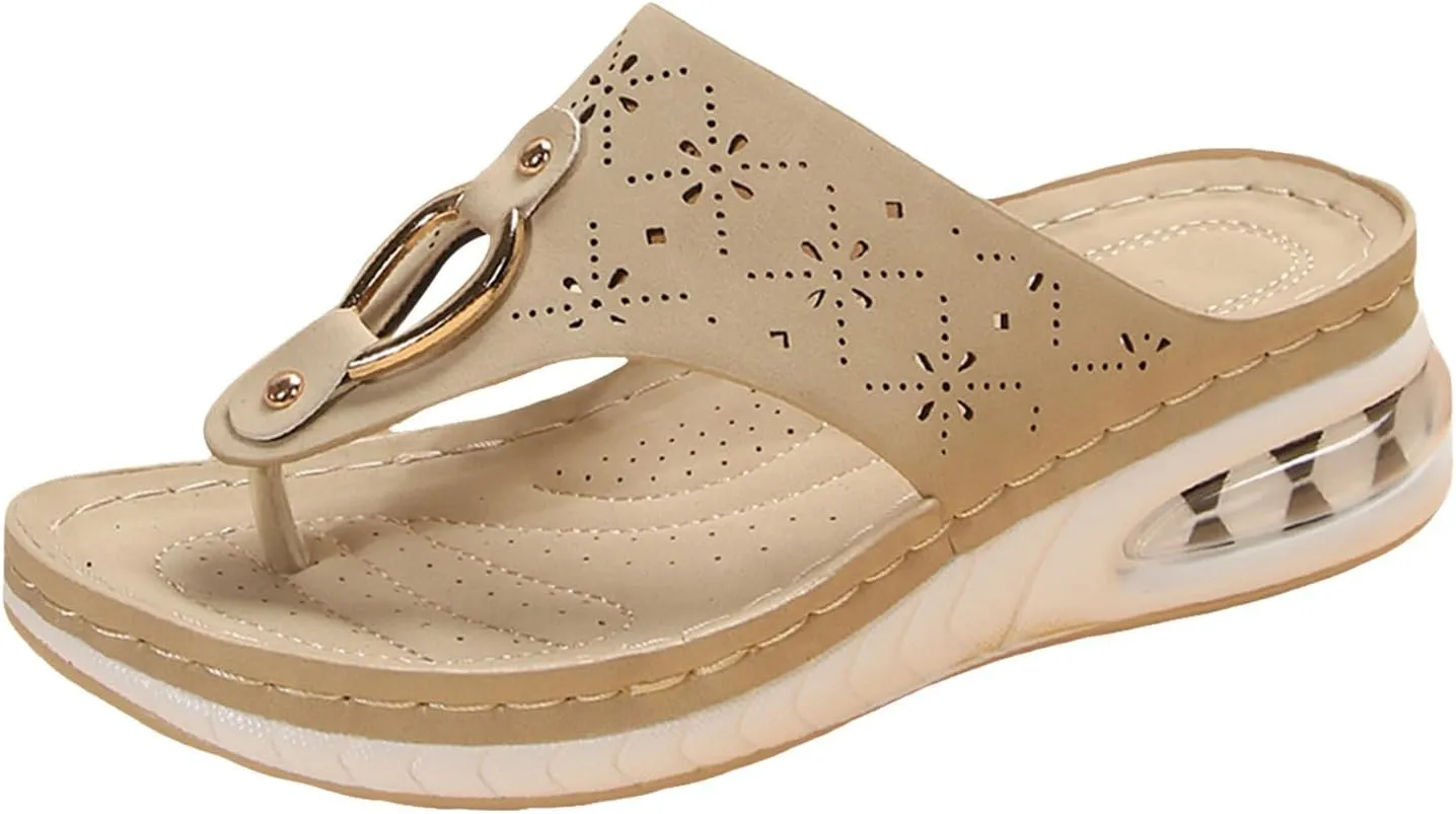 SuanlaTDS Orthopedic Flip Flops Sandals for Women Wedge Dressy Summer 2025 Hollow Out Thong T-Strap Platform Comfortable Foot Arch Support Casual Outdoor Walking Low Heel Wedge Slippers