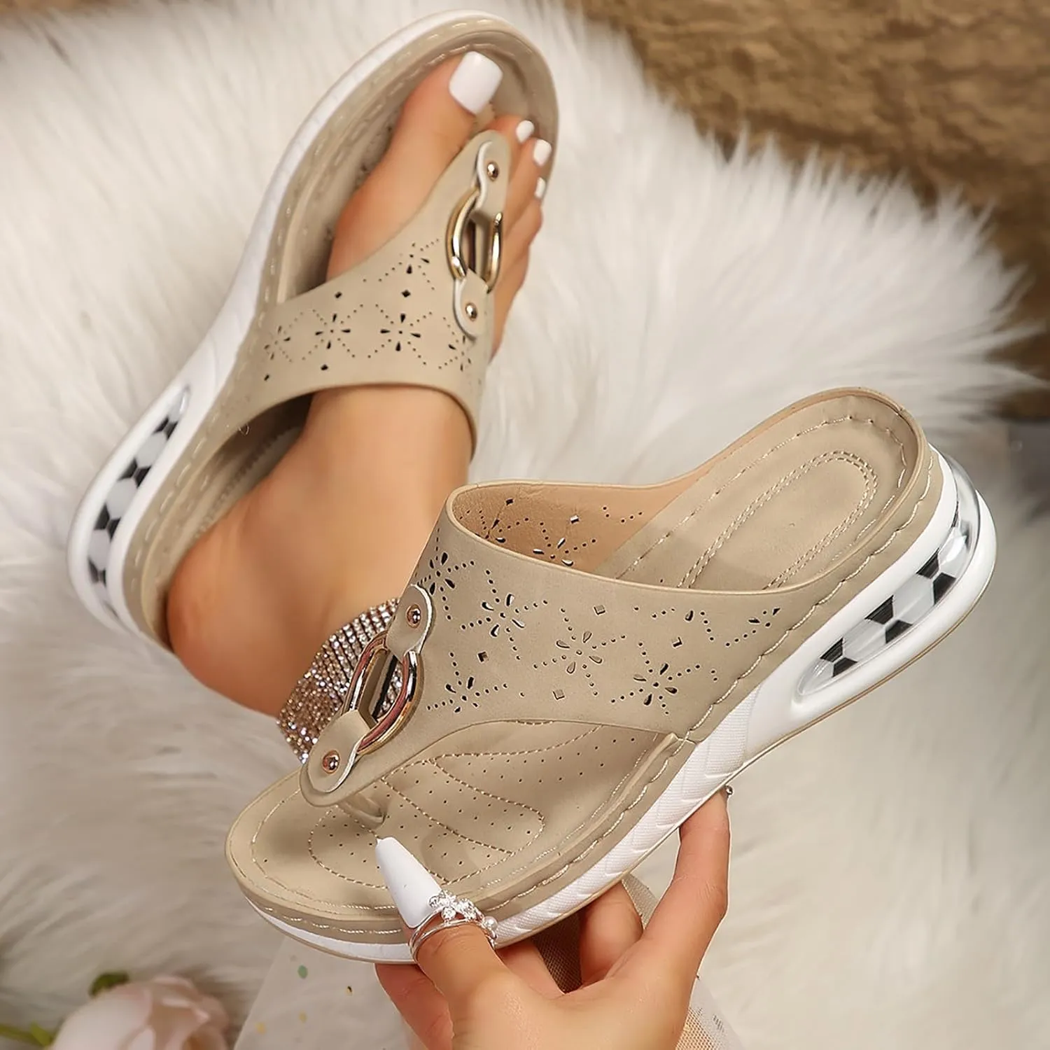 SuanlaTDS Orthopedic Flip Flops Sandals for Women Wedge Dressy Summer 2025 Hollow Out Thong T-Strap Platform Comfortable Foot Arch Support Casual Outdoor Walking Low Heel Wedge Slippers