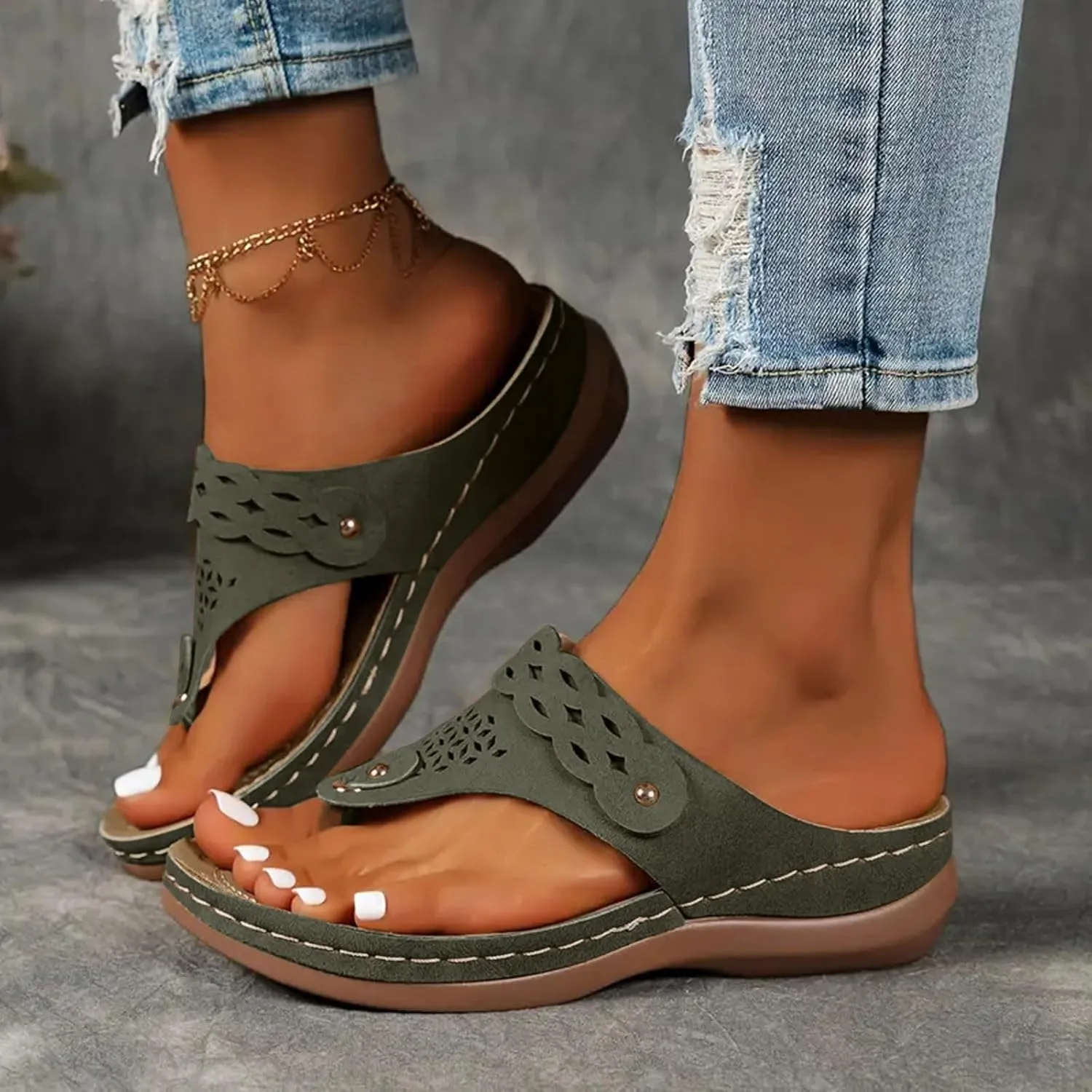 SuanlaTDS Orthopedic Flip Flops Wedge Sandals for Women 2025 Dressy Summer Platform Thong T-Strap Flat Slippers Arch Support Slip-on Slides Sandal Casual Boho Beach Comfortable Outdoor Shoes