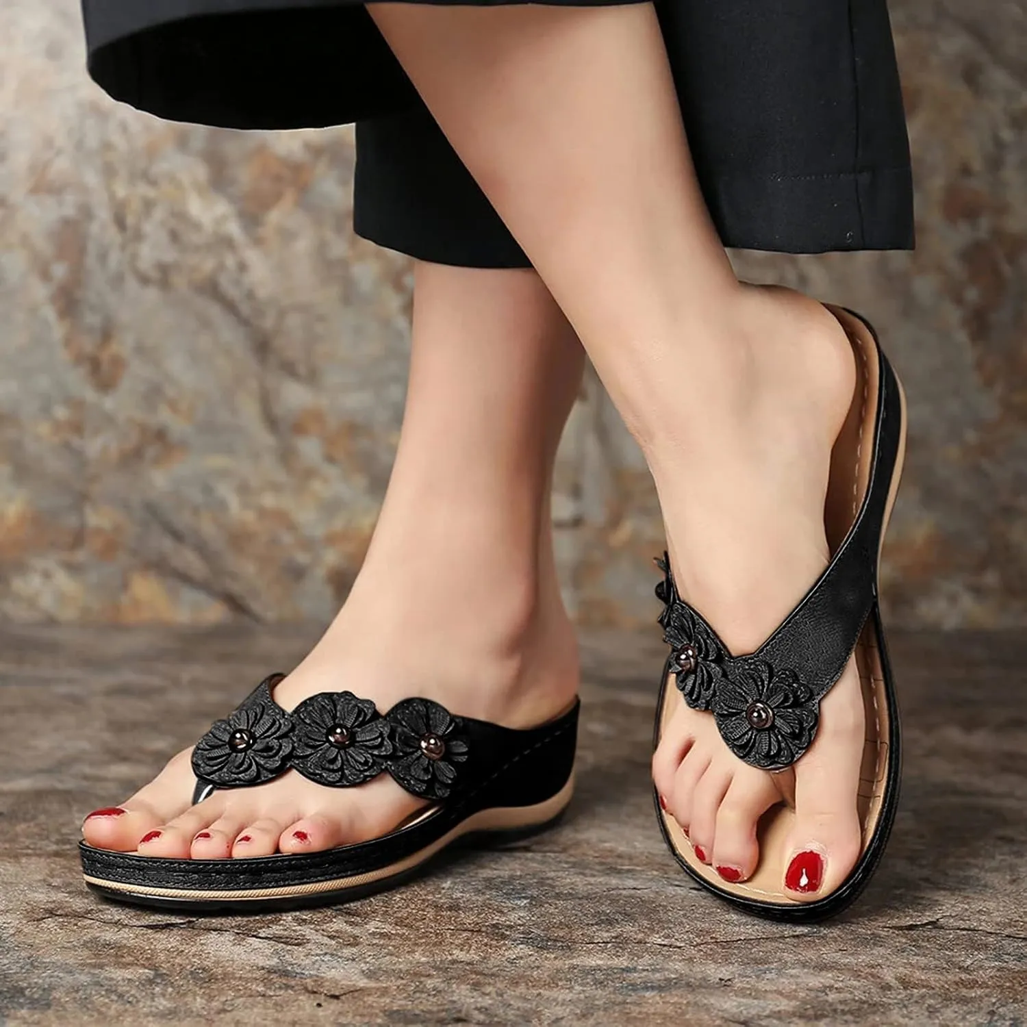 SuanlaTDS Wedge Sandals for Women Comfortable Platform Slip On Arch Support Flip Flops Orthopedic Sandals Beach Shoes Open Toe Athletic Thong Slippers Low Heels Wedges Walking Shoes