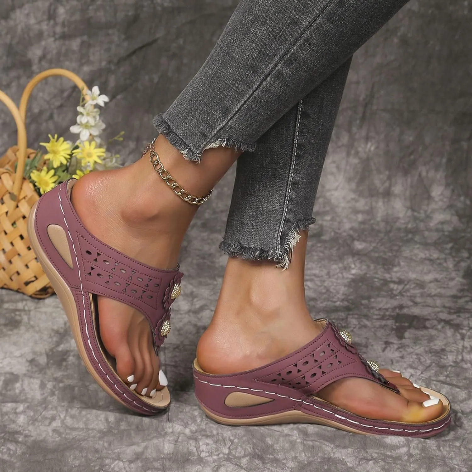 SuanlaTDS Womens Flip Flops Wedge Platform Comfortable Orthopedic Sandals with Arch Support Open Toe Slip On Low Heels Wedges Walking Shoes Casual Summer Thong Flat Slide Sandals
